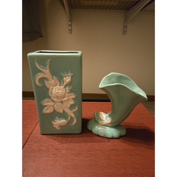 Weller Pottery Other - Vintage 1930s Weller Pottery Cameo Rose Set -Rectangular Vase & Cornucopia Vase